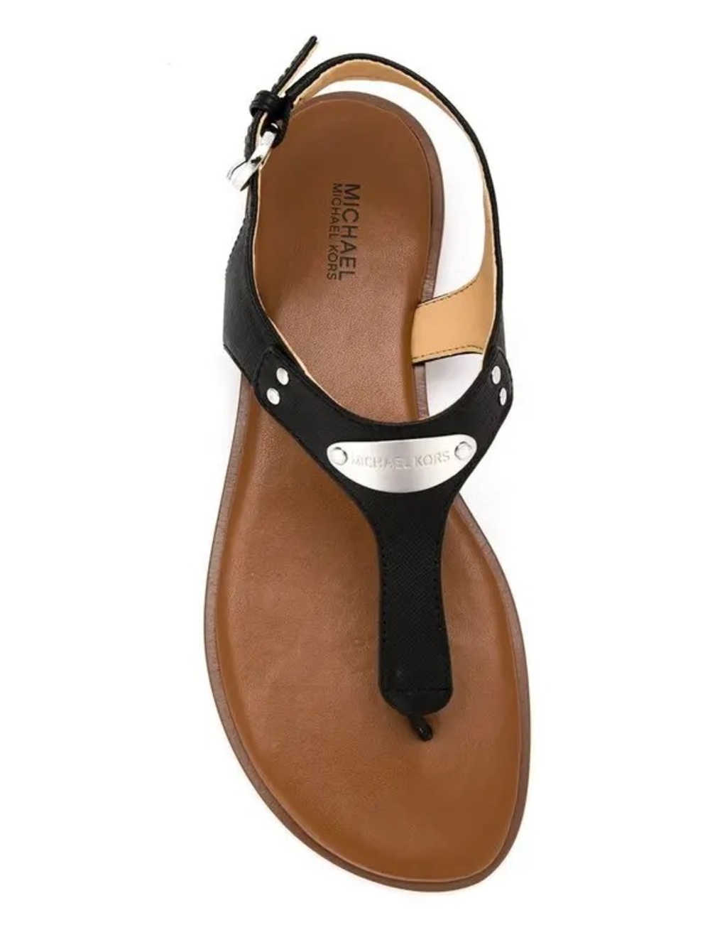 Michael Kors Black Leather Sandals with Silver MK Logo Plate | Size 8.5M
